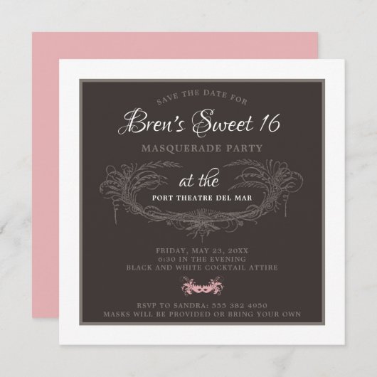 Sweet 16 Masquerade Party Invitation (Devant / Derrière)