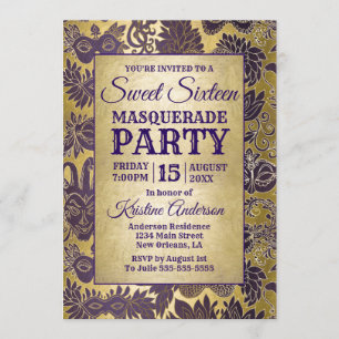 Sweet 16 Masquerade Party Paarse Gouden Masker Kaart