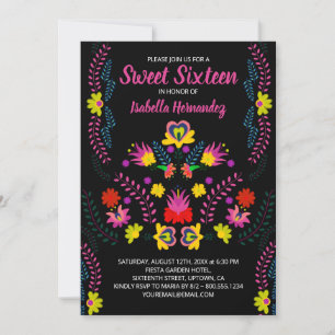 Sweet 16 Mexicaanse feestbloemen Black Birthday Kaart