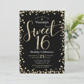 Sweet 16 Modern Black Gold Glitter Girly Birthday Kaart (Staand voorkant)