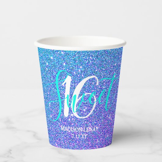 Sweet 16 Modern Blauwgroen Paarse Glitter Geperson Papieren Bekers (Voorkant)