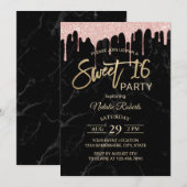 Sweet 16 Modern Roos Gold Drips Black Marble Kaart (Voorkant / Achterkant)