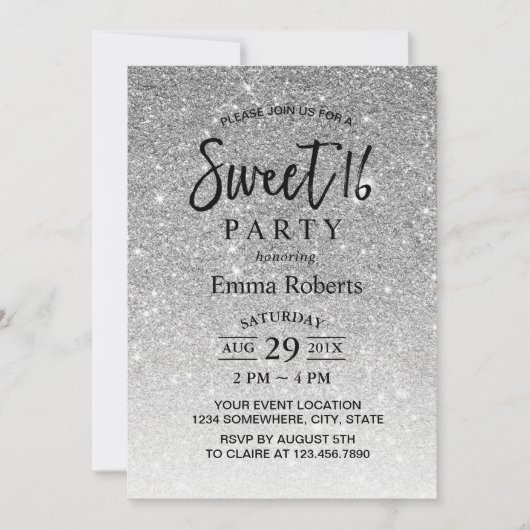 Sweet 16 Modern Silver Glitter Birthday Kaart (Voorkant)
