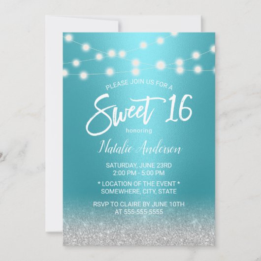 Sweet 16 Modern Turquoise & Silver Glitter Kaart (Voorkant)