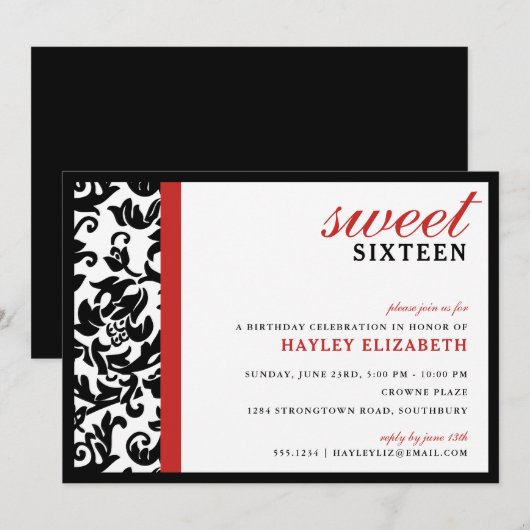 Sweet 16 Moderne Damask met Border, Red Kaart (Voorkant / Achterkant)