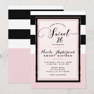 Sweet 16 Moderne Roze Zwarte & Witte Stripes Party Kaart