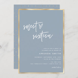 Sweet 16 Moderne Script Gold Dusty Blue Birthday Kaart