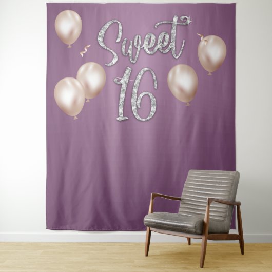 Sweet 16 Moderne Zilveren Typografie Paarse Achter Wandkleed (In situ)