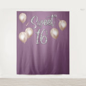 Sweet 16 Moderne Zilveren Typografie Paarse Achter Wandkleed (Voorkant)