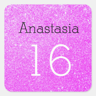 Sweet 16 Naam Leeftijd Zwart en Paars Glitter Spar Vierkante Sticker