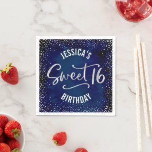 Sweet 16 Navy Blau Waterverf Zilver Glam Verjaarda Servet