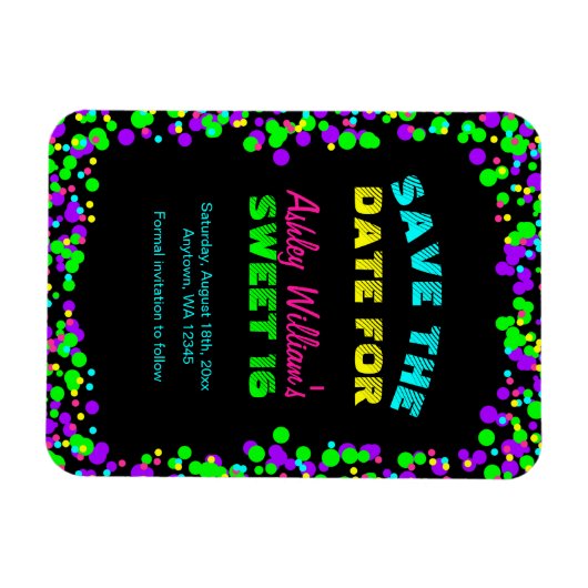 Sweet 16 Neon Glow Confetti Bewaar de datum Magneet (Horizontaal)