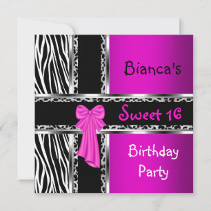 Sweet 16 Paars Roze Zilver Zwart Zebra Luipaard Kaart