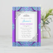 Sweet 16 Paarse Blauwgroen Zilver Lace Damask Tiar Kaart (Staand voorkant)