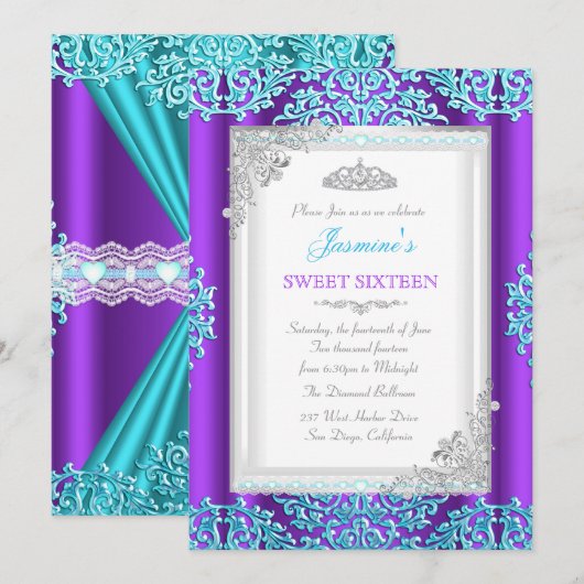 Sweet 16 Paarse Blauwgroen Zilver Lace Damask Tiar Kaart (Voorkant / Achterkant)