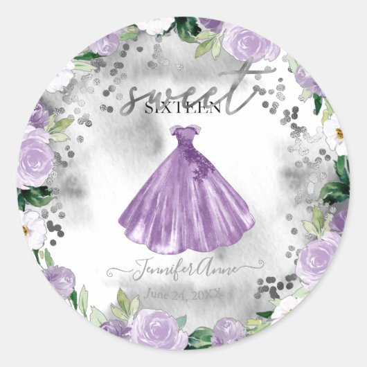 Sweet 16 Paarse Floral Waterverf Dress Ronde Sticker (Voorkant)