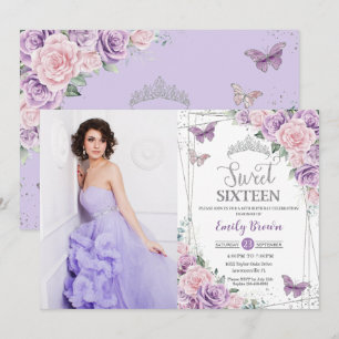 Sweet 16 Paarse Lila roze bloemige vlinder foto Kaart