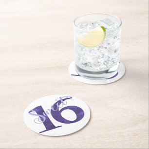 Sweet 16   Paarse Waterverf Grunge en Glitter Ronde Kartonnen Onderzetter
