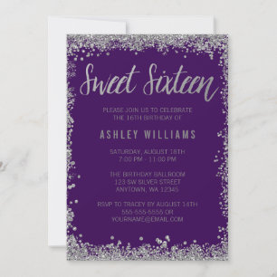 Sweet 16 Paarse zilver Faux Glitter Birthday Kaart