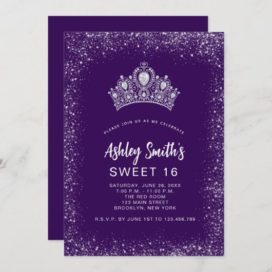 Sweet 16 Paarse zilver Glitter Diamond Tiara Kaart (Voorkant / Achterkant)