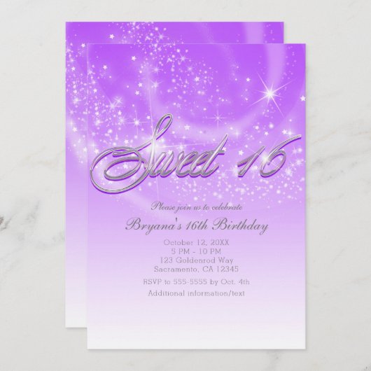 SWEET 16 Paarse & Zilveren Sparkle Stars Party Kaart (Voorkant / Achterkant)