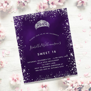 Sweet 16 paarse zilverglittertiara-uitnodiging