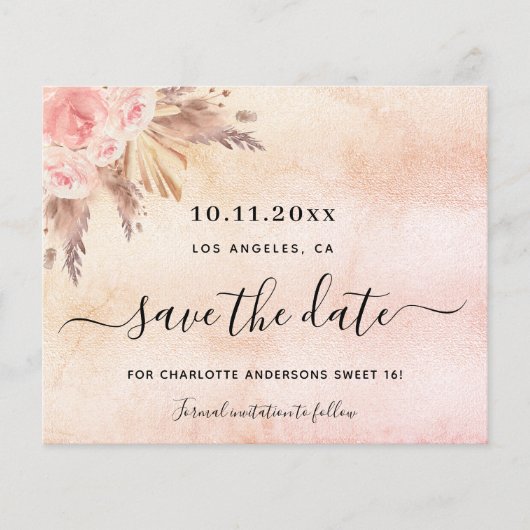 Sweet 16 pampas blush save the date card (Voorkant)