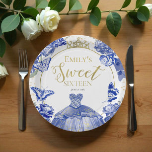 Sweet 16 Papieren Borden Butterfly Royal Blue Jurk Papieren Bordje