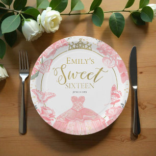 Sweet 16 papieren Borden Vlinder Roze Jurk Bloemen Bordje