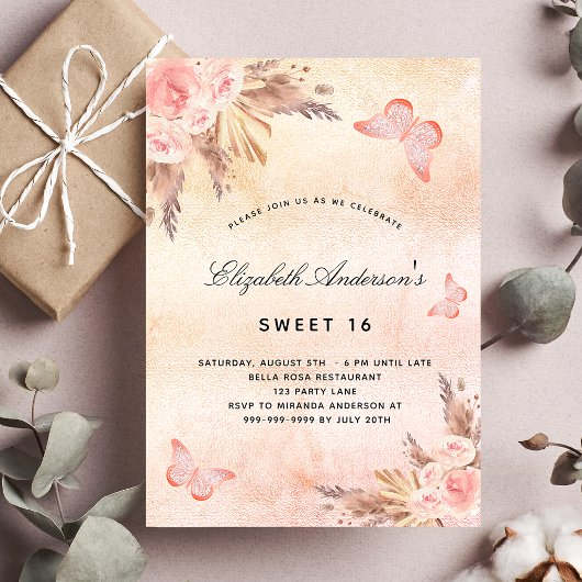 Sweet 16 papillon pampas herbe invitation broussai
