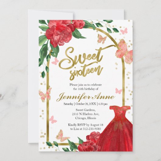 Sweet 16 Papillons rouge gosse Invitation (Devant)
