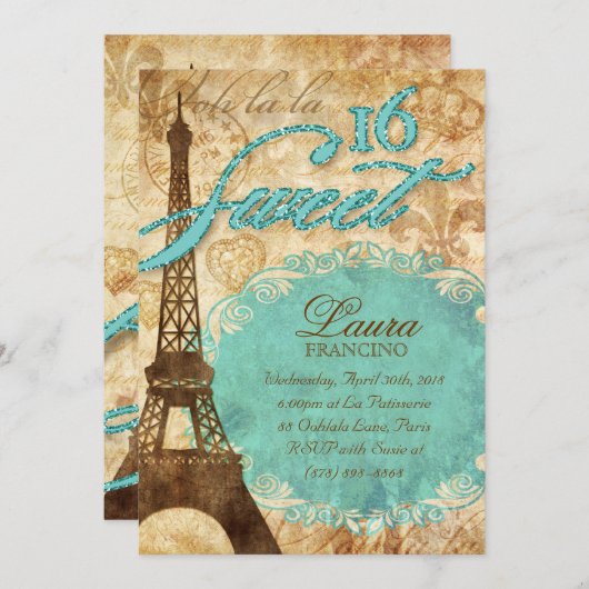 Sweet 16 Paris nodigt Eiffeltoren Blue Te uit Kaart (Voorkant / Achterkant)