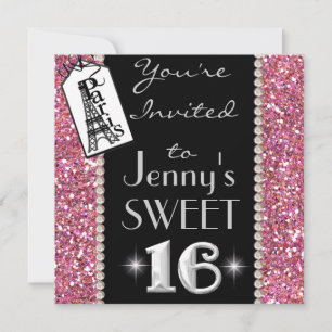 SWEET 16 Paris THEME Party Invitation with BLING! Kaart