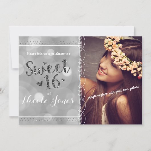 SWEET 16 Parties scintillant d'argent Invitation p (Devant)
