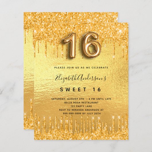 Sweet 16 partij goud glitter drip uitnodiging (Voorkant / Achterkant)