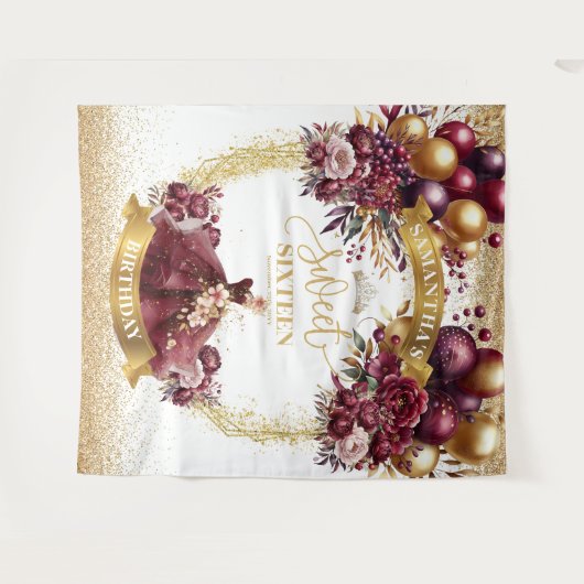 Sweet 16 Party Achtergrond Bourgondische jurk Glit Wandkleed (Voorkant (horizontaal))