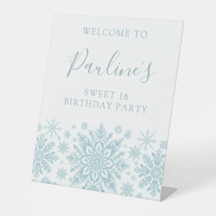 Sweet 16 Party Blauw Wit Sneeuwvlok Welkom Reclamebord Met Voetstuk