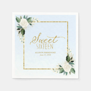 Sweet 16 Party Dusty Blue Gold Foil Floral Servet