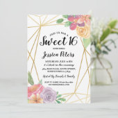 Sweet 16 Party Floral Gold Frame Invitation été (Debout devant)