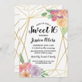 Sweet 16 Party Floral Gold Frame Invitation été (Devant / Derrière)