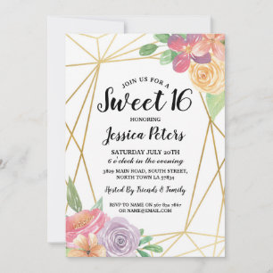 Sweet 16 Party Floral Gold Frame Invitation été