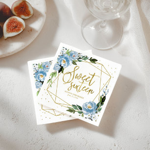 Sweet 16 Party Gold Foil Dusty Blue Floral Napkins Servet