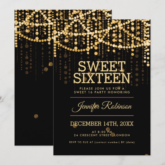 Sweet 16 Party Gold String Lights Kaart (Voorkant / Achterkant)