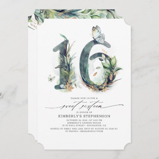 Sweet 16 Party Invitation - Groen en Goud Kaart (Voorkant / Achterkant)