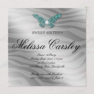 Sweet 16 Party Invite Jewelry Butterfly Zebra Blau Kaart