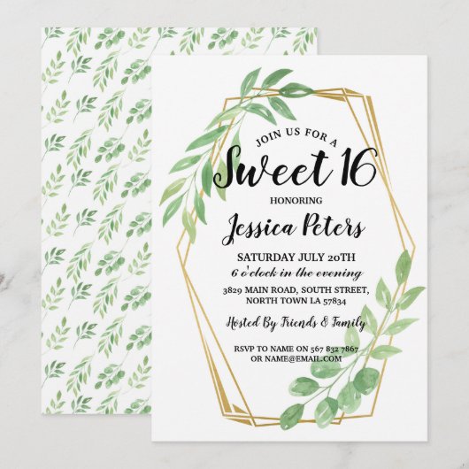 Sweet 16 Party Leaves Gold Lijst Zomer Uitnodiging (Voorkant / Achterkant)