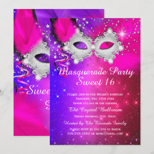 Sweet 16 Party Mask Pink Paars Silver Masquerade Kaart