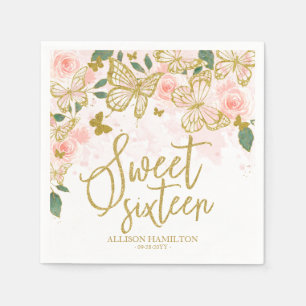 Sweet 16 Party Napkins Blush Pink Butterfly Floral Servet
