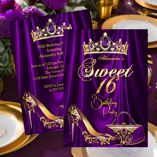 Sweet 16 Party Purple Tiara High heel Purse Gold Kaart