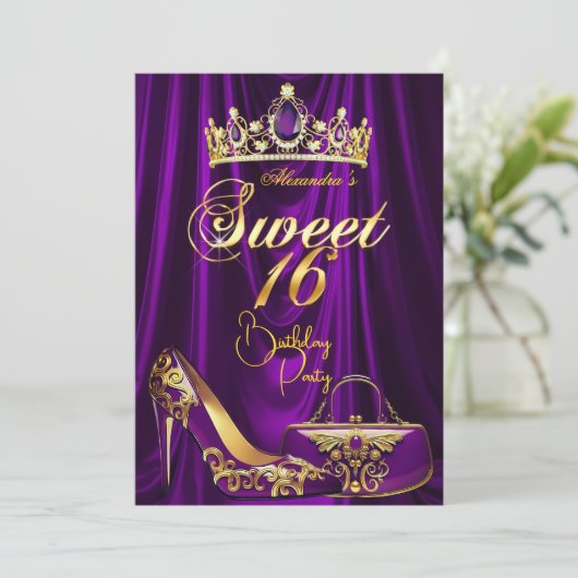 Sweet 16 Party Purple Tiara High heel Purse Gold Kaart (Staand voorkant)